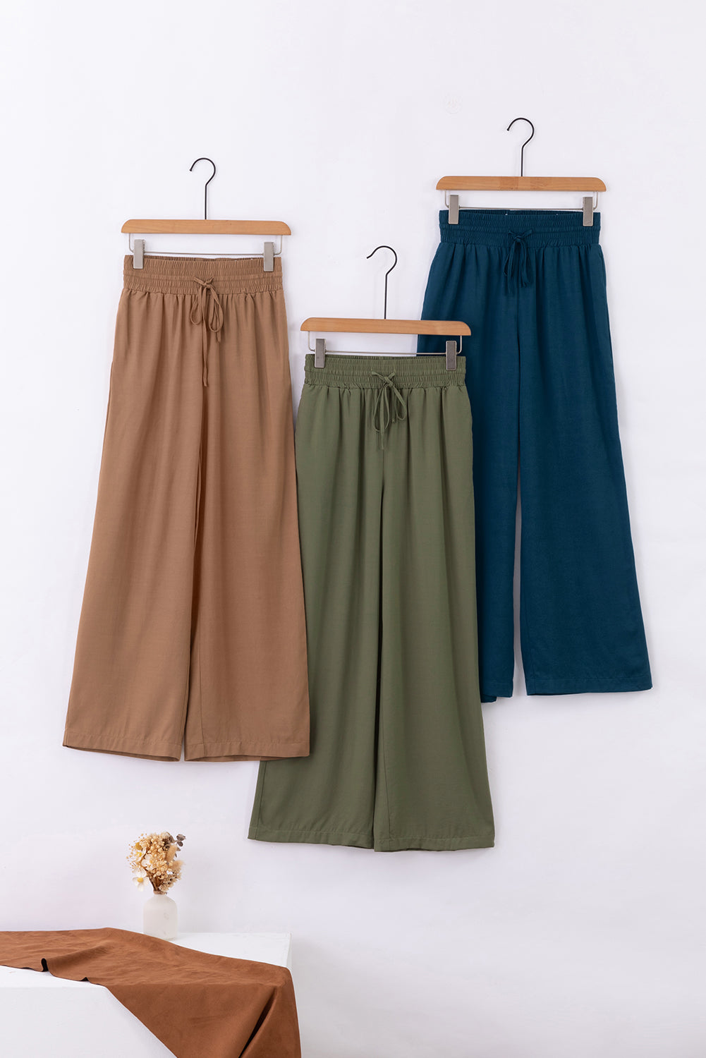 Brown Drawstring Elastic Waist Casual Wide Leg Pants - SELFTRITSS   