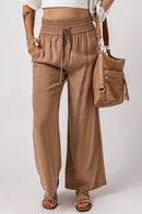 Brown Drawstring Elastic Waist Casual Wide Leg Pants - SELFTRITSS   