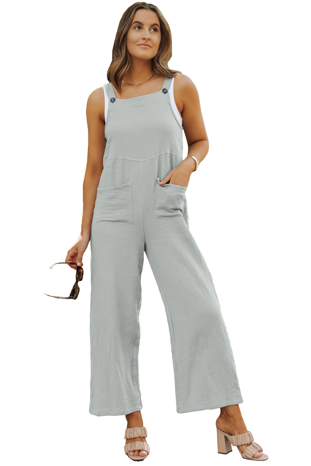 Gray Textured Wide Leg Overall with Pockets - SELFTRITSS   