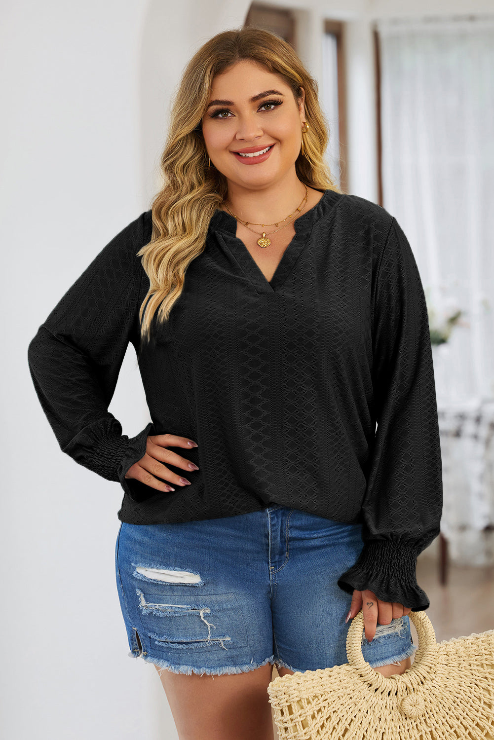 Black Eyelet Jacquard Split Neck Flounce Sleeve Plus Size Blouse - SELFTRITSS