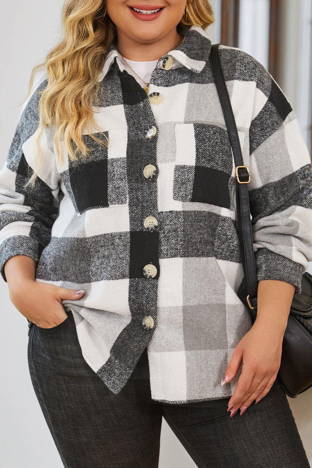 Gray Plus Size Checkered Button-Up Shacket - SELFTRITSS