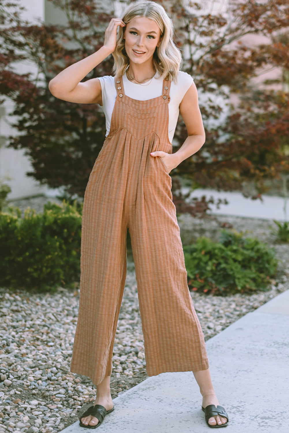 Brown Striped Pleated Wide Leg Pocketed Jumpsuit - SELFTRITSS   