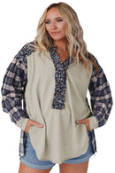 Navy Blue Mixed Print Half Buttons Plus Size Pullover Top - SELFTRITSS
