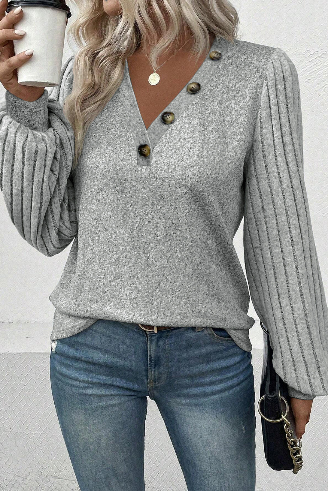 Light Grey Buttoned V Neck Ribbed Puff Sleeve Top - SELFTRITSS