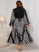 Plus Size Printed Mock Neck Long Sleeve Midi Dress - SELFTRITSS   