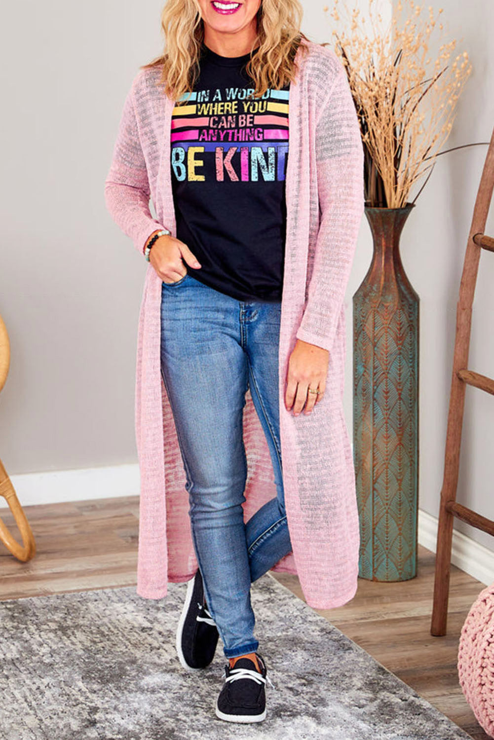 Pink Sheer Knitted Long Side Slit Plus Size Cardigan - SELFTRITSS