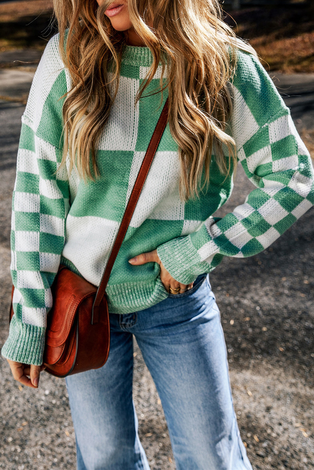 Mint Green Checkered Print Drop Shoulder Sweater - SELFTRITSS   