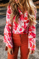 Pink Floral Print Tiered Bell Long Sleeve Buttoned Bodysuit - SELFTRITSS