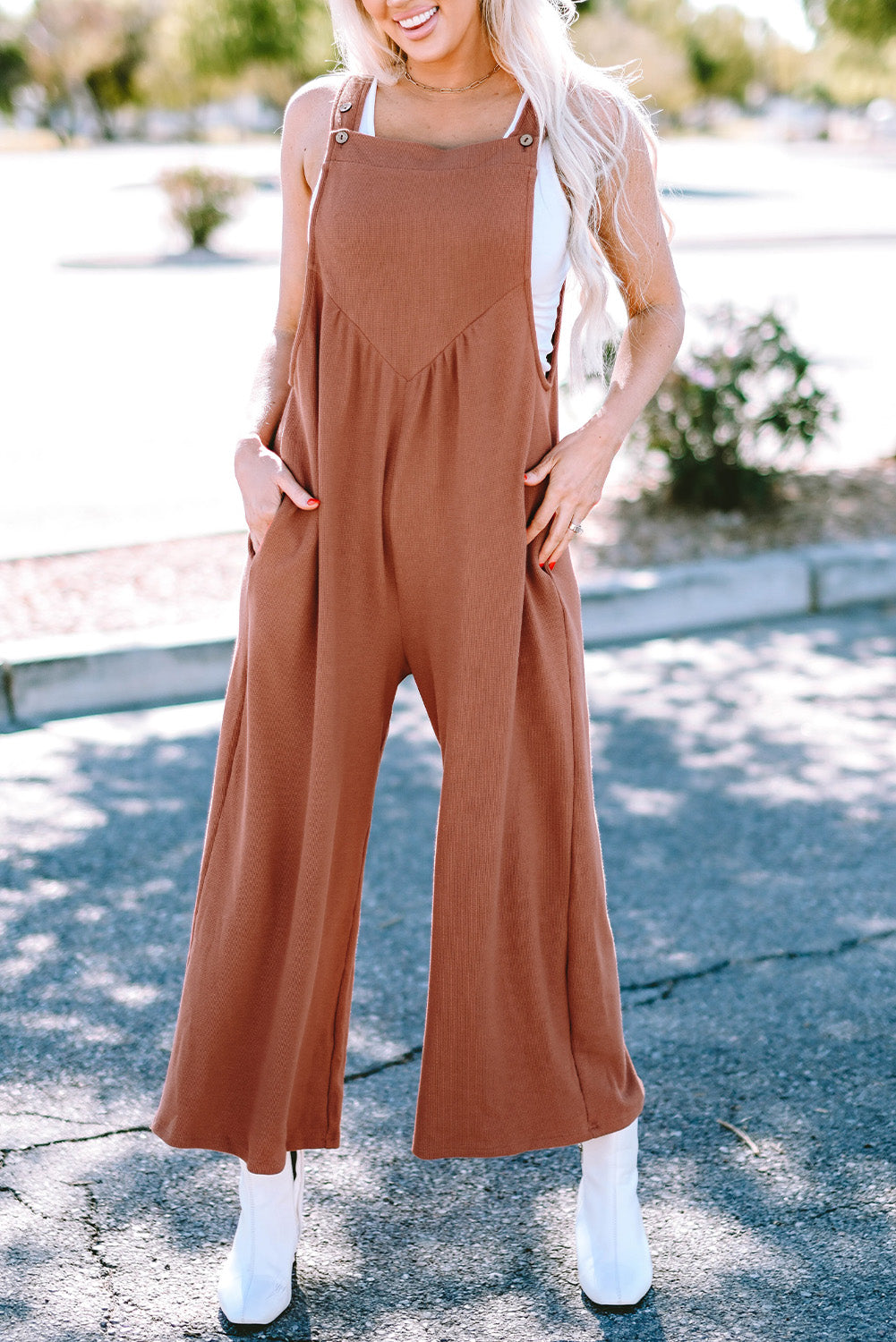 Gold Flame Textured Buttoned Straps Ruched Wide Leg Jumpsuit - SELFTRITSS   