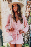 Pink Ripped Surplice V Neck Bubble Sleeve Romper - SELFTRITSS