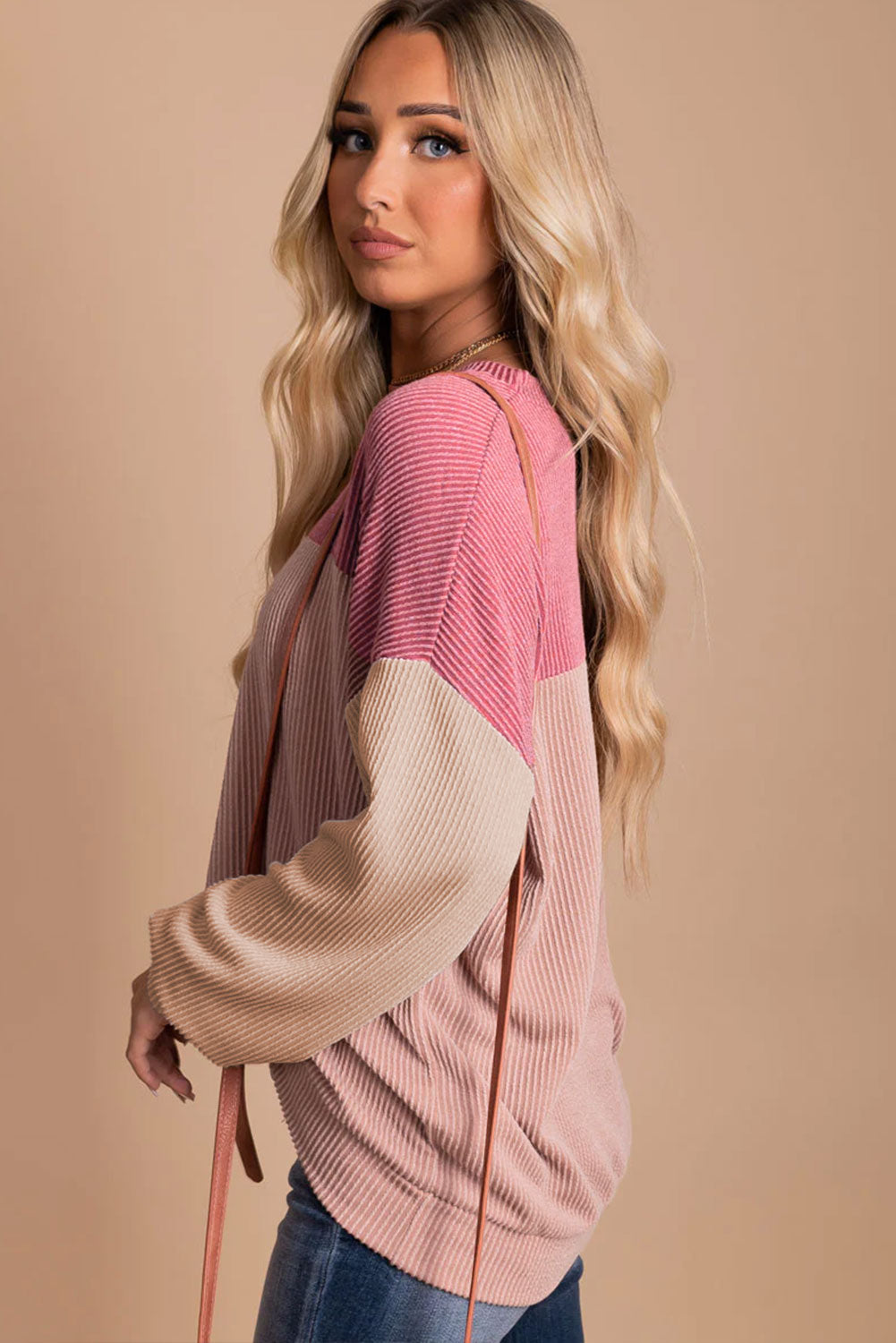 Pink Color Block Long Sleeve Ribbed Loose Top - SELFTRITSS   