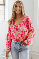 Pink Floral Print Tiered Bell Long Sleeve Buttoned Bodysuit - SELFTRITSS