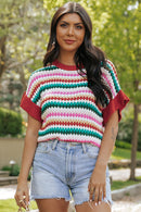 Fiery Red Trimmed Ruffle Sleeve Colorful Textured Sweater - SELFTRITSS   