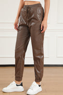 Brown Leather Tie Waist Jogger Pants - SELFTRITSS
