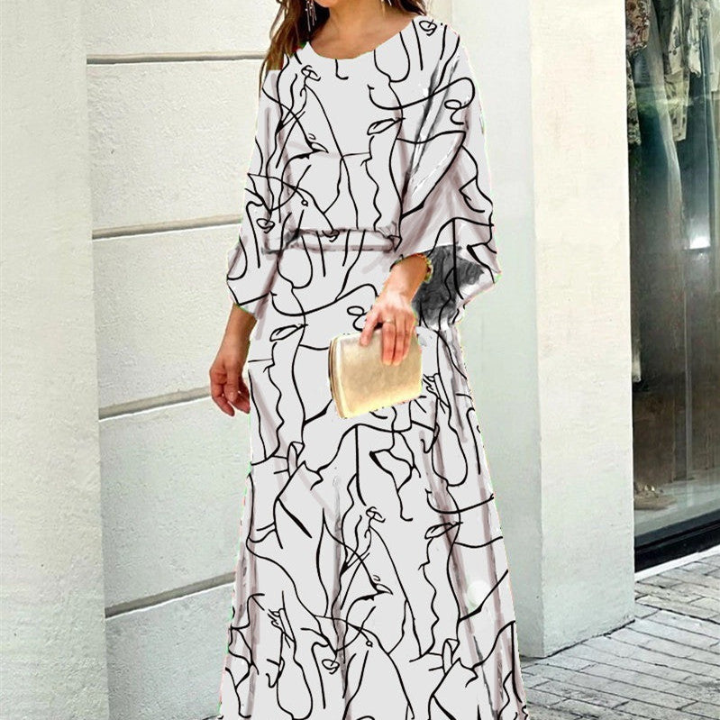 Loose Printed Long Sleeve Top And High Waist Long Skirt Set