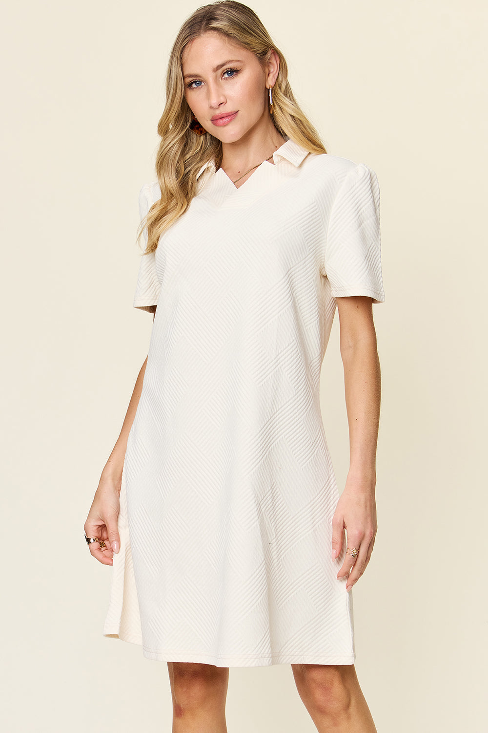Double Take Full Size Texture Collared Neck Short Sleeve Dress - SELFTRITSS