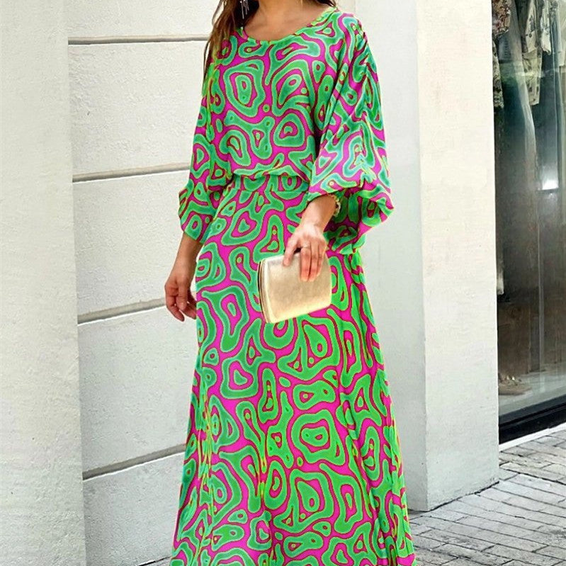 Loose Printed Long Sleeve Top And High Waist Long Skirt Set