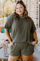 Moss Green Plus Size Rib Knit Short Sleeve Top and Shorts Set - SELFTRITSS