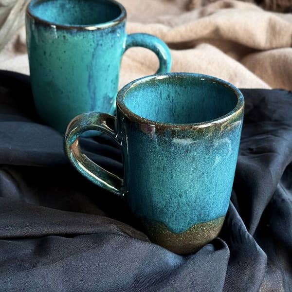 Turquoise & Black Mug w/ Hints of Blue & Brown Coffee Mug Set of 4