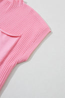 Pink Patch Pocket Ribbed Knit Short Sleeve Sweater - SELFTRITSS   