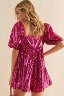 Rose Red Short Puff Sleeve Sequin Babydoll Romper - SELFTRITSS