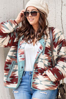 Fiery Red Geometric Aztec Pattern Plus Size Fleece Jacket - SELFTRITSS   