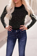 Black Rhinestone O-neck Long Sleeve Bodysuit - SELFTRITSS