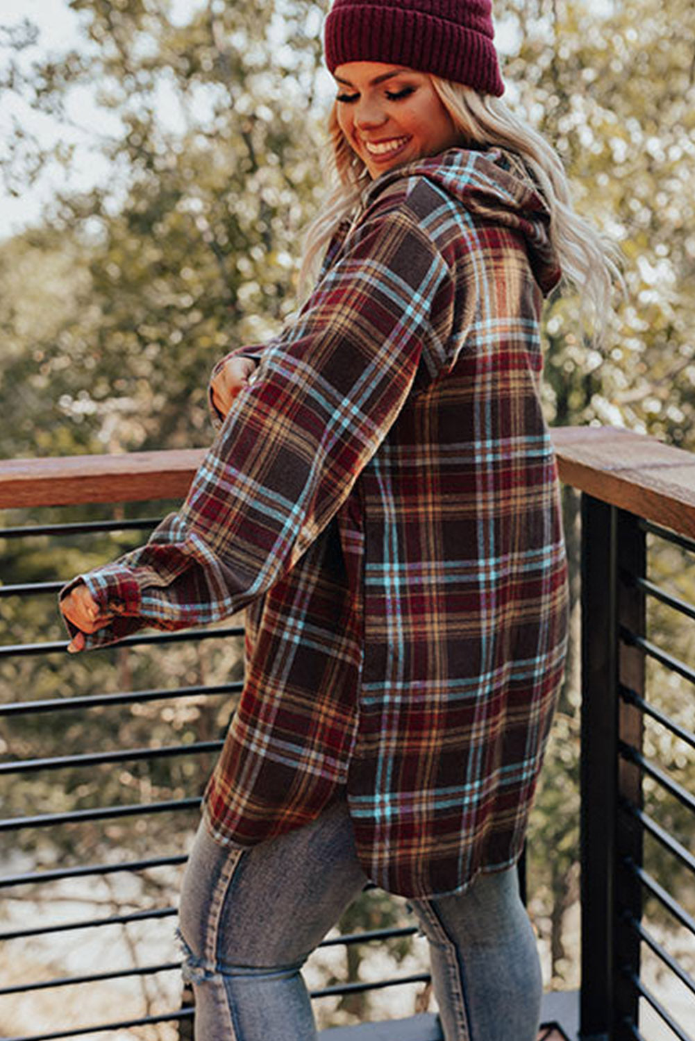 Fiery Red Plus Size Plaid Kangaroo Pocket Drawstring Hoodie - SELFTRITSS   