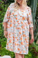 Orange Plus Size Square Neck Tie Sleeve Floral Dress - SELFTRITSS