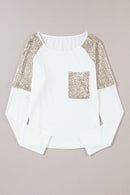 White Sequin Patch Chest Pocket Raglan Sleeve Top - SELFTRITSS