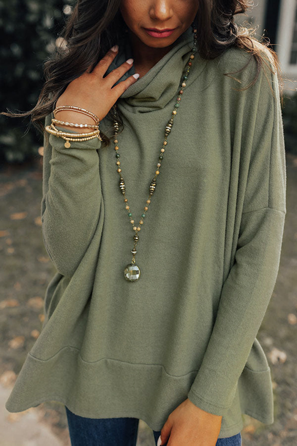 Jungle Green Cowl Neck Shift Tunic Top - SELFTRITSS   