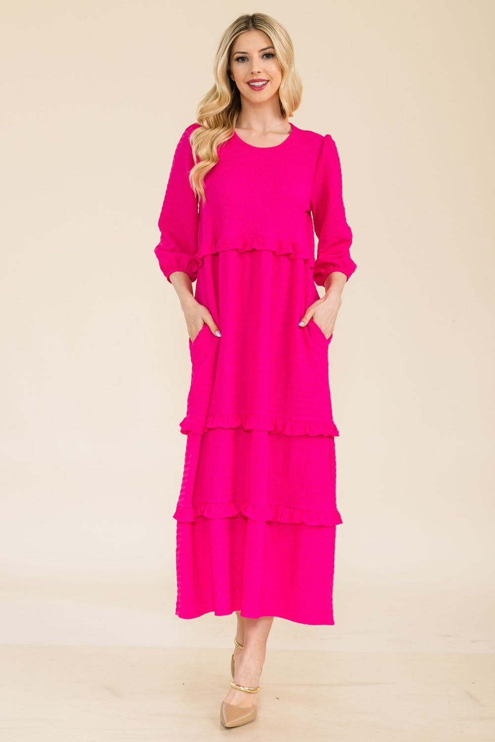 Celeste Full Size Tiered-Ruffle Midi Dress - SELFTRITSS