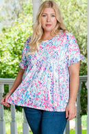 Purple Vibrant Botanical Print Frill Short Sleeve Plus Size Top - SELFTRITSS   