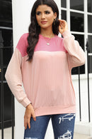 Pink Color Block Long Sleeve Ribbed Loose Top - SELFTRITSS   