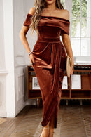 Chestnut Velvet Off Shoulder Pleated Wrap Evening Dress - SELFTRITSS