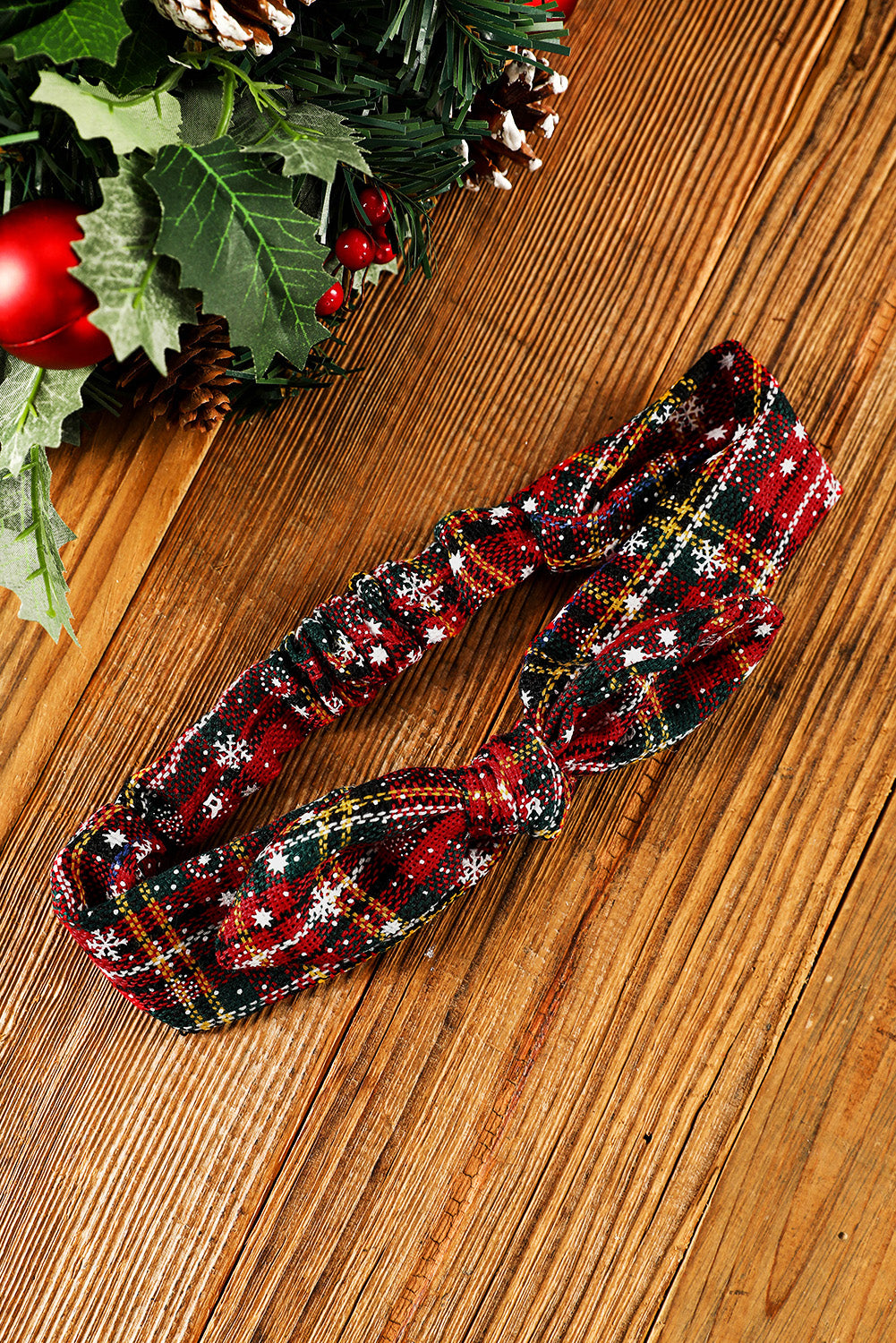 Burgundy Christmas Plaid Snowflake Print Bow Hair Tie - SELFTRITSS