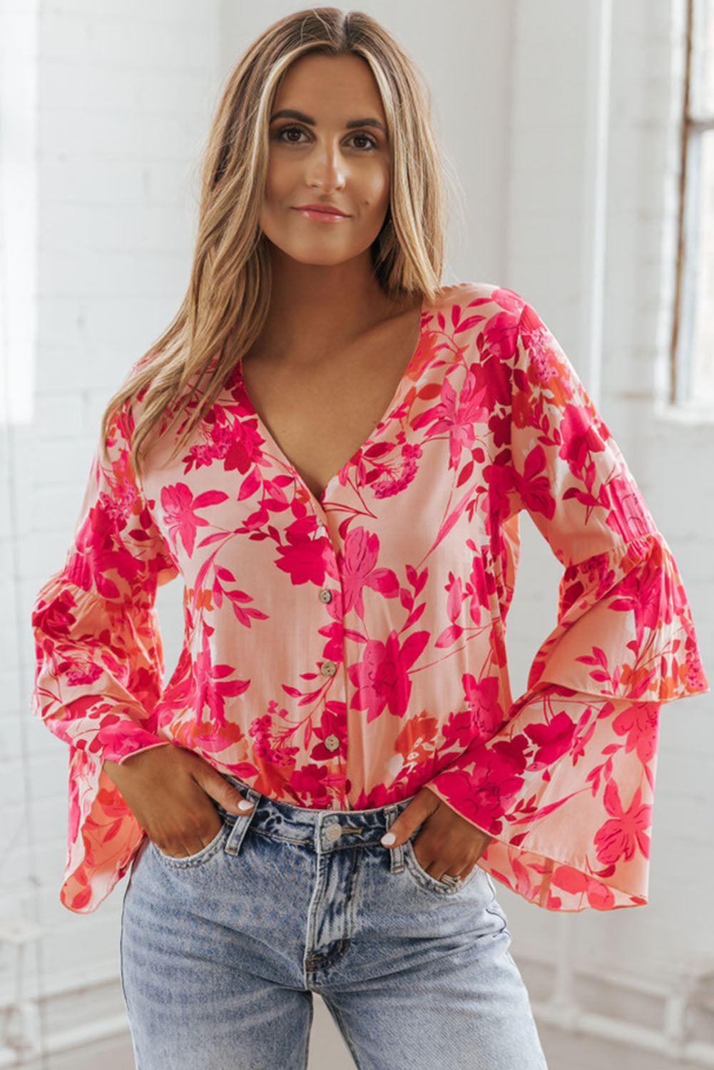 Pink Floral Print Tiered Bell Long Sleeve Buttoned Bodysuit - SELFTRITSS