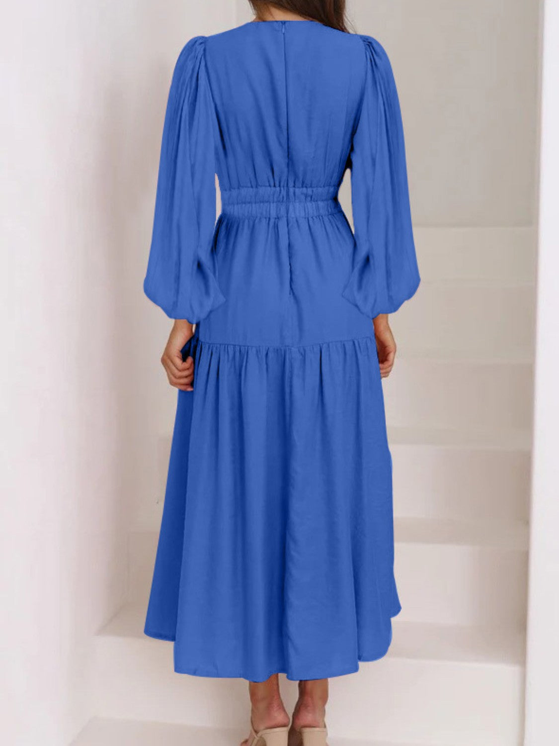 Deep V-Neck Balloon Sleeve Plain Maxi Dress - SELFTRITSS   