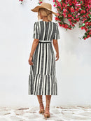 Striped Tie Belt Round Neck Puff Sleeve Dress - SELFTRITSS   