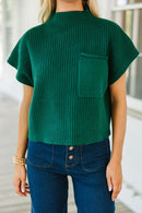 Blackish Green Patch Pocket Ribbed Knit Short Sleeve Sweater - SELFTRITSS   