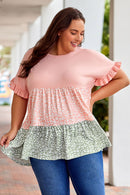 Pink Ruffled Short Sleeve Leopard Splicing Flowy Plus Size Top - SELFTRITSS   