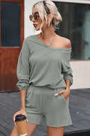 Grass Green Corded V Neck Slouchy Top Pocketed Shorts Set - SELFTRITSS