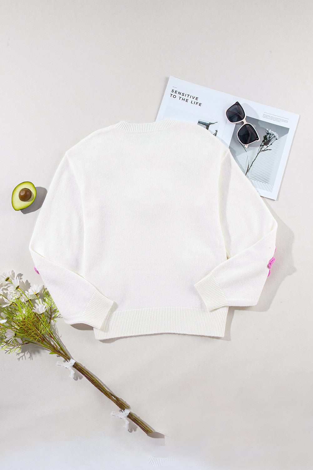 Crochet Flower Round Neck Long Sleeve Sweater - SELFTRITSS   