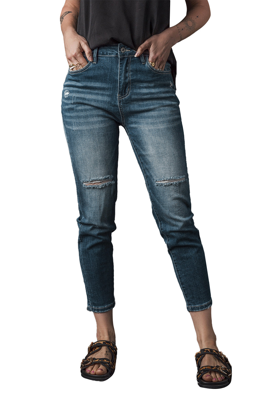 Blue Distressed Ripped Skinny Jeans - SELFTRITSS