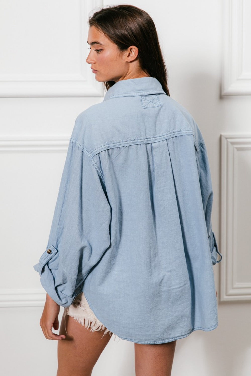 Oversized Button Down Stitch Detail Denim Shirt