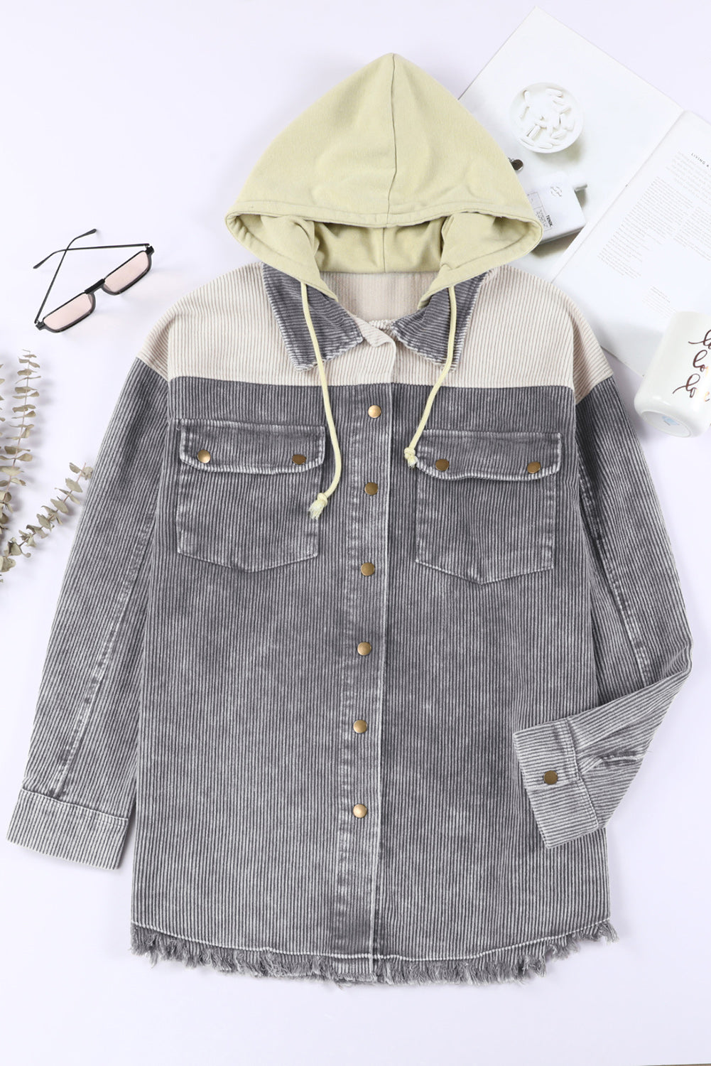 Gray Color Block Button Down Hooded Corduroy Jacket - SELFTRITSS   