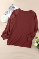 Red Plus Size Contrast Lace Sleeve Waffle Knit Top - SELFTRITSS