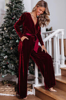 Fiery Red Velvet Pocketed Cut out Back Wide Leg Jumpsuit - SELFTRITSS