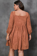 Chestnut Plus Size Suede Square Neck Balloon Sleeve Dress - SELFTRITSS