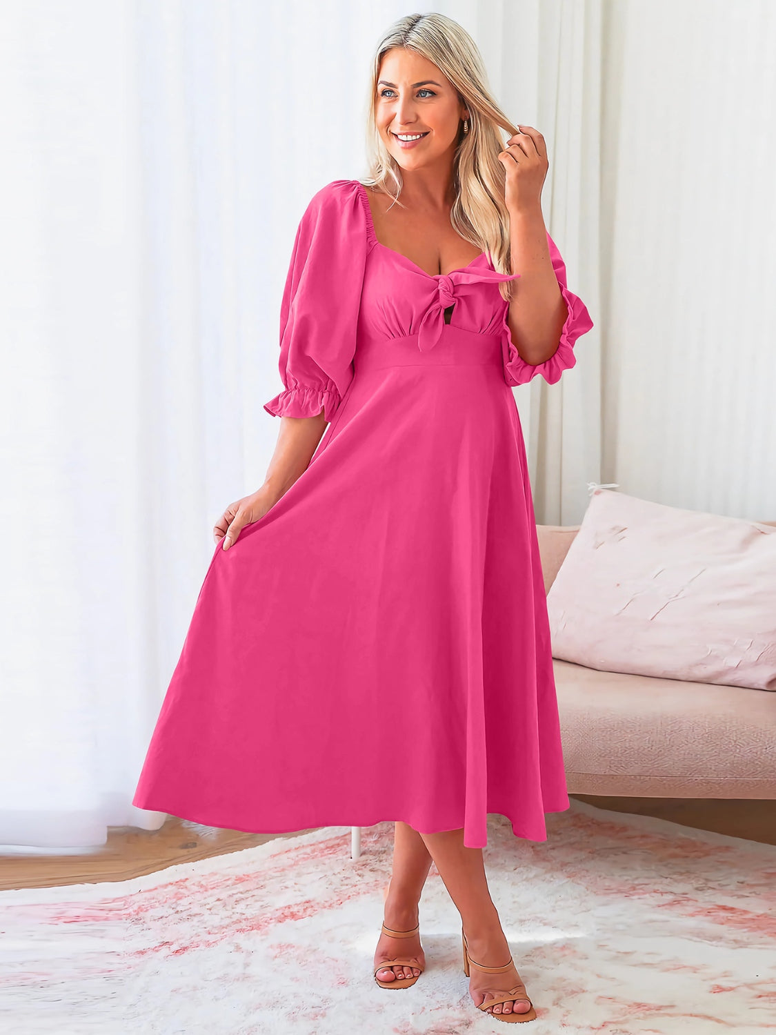 Sweetheart Neck Flounce Sleeve Midi Dress - SELFTRITSS   